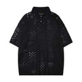 Solid colour hollow knit polo shirt with short sleeves and loose cardigan styling for teenagers