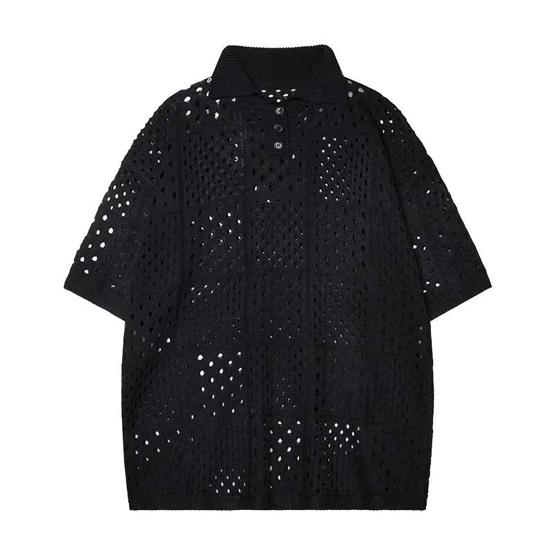 Solid colour hollow knit polo shirt with short sleeves and loose cardigan styling for teenagers