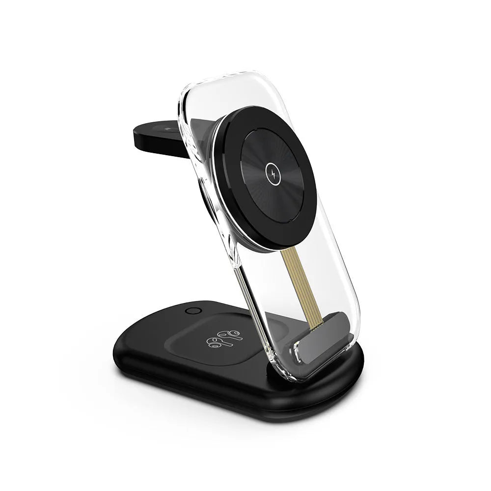 Transparent folding magnetic wireless charger in black colour showing three charging areas