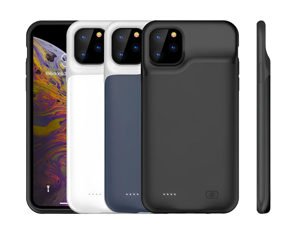 Shockproof silicone battery charger case for iPhone in black, blue, pink, or white, showing integrated high-capacity battery.