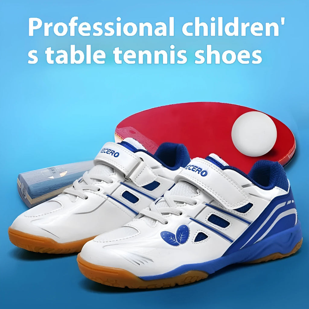 White and blue low-top badminton shoes with a ribbed sole and casual round-toe design on a court surface.