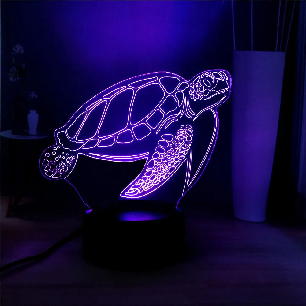 3D acrylic turtle LED night light showing colour-changing illumination