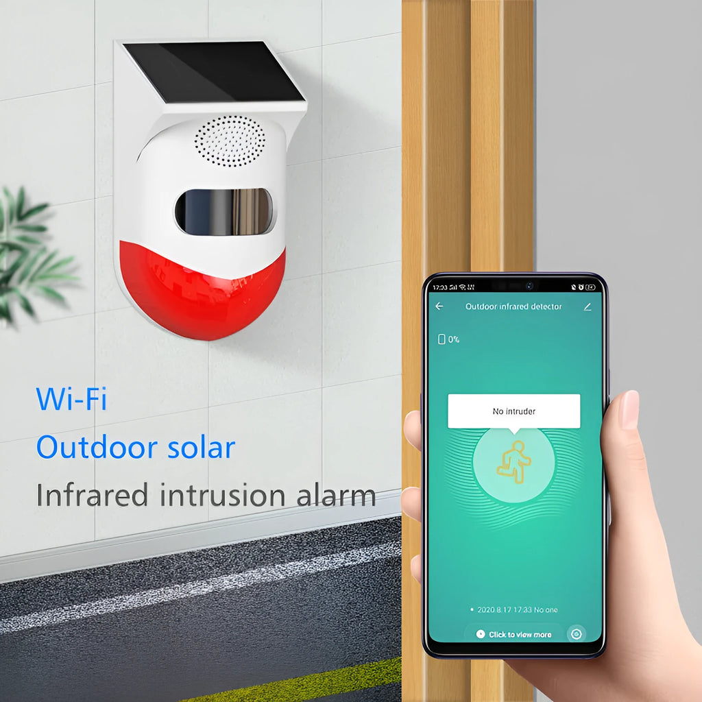 Wireless solar-powered infrared alarm detector with wall mount for outdoor security