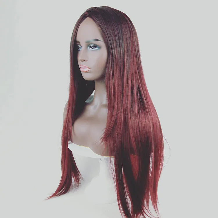 Long straight gradient fake hair wig with air bangs, high temperature silk, Korean style for women, gradient light pink colour