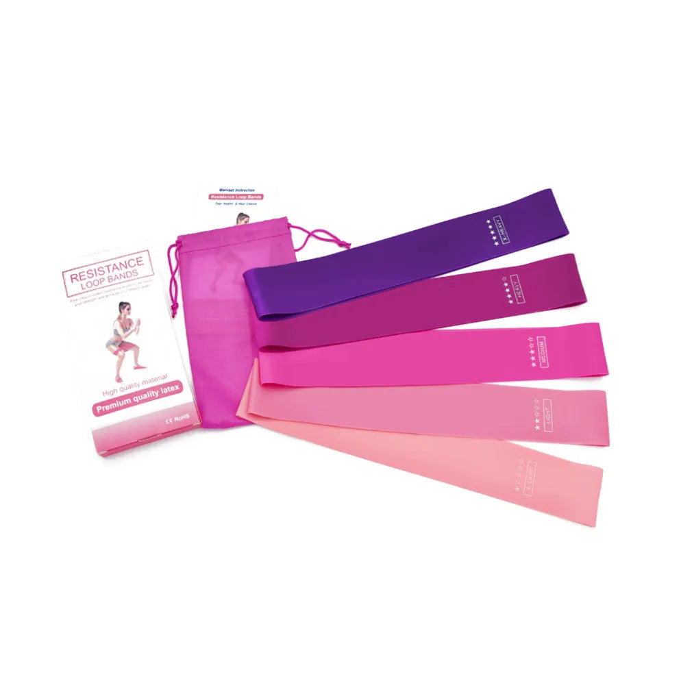 Natural latex resistance bands set, 600mm x 50mm, five colours and resistance levels 5-40lb for Pilates and Crossfit.