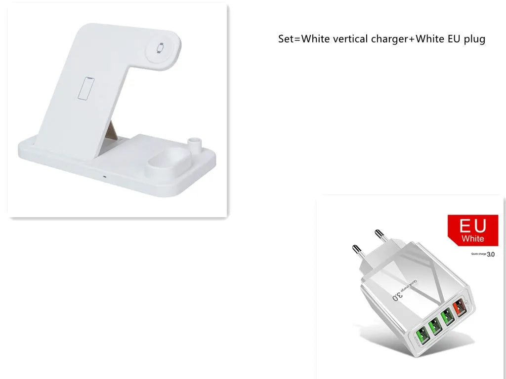 4-in-1 wireless charging station with phone, Apple Watch, and AirPods on adjustable magnetic stand