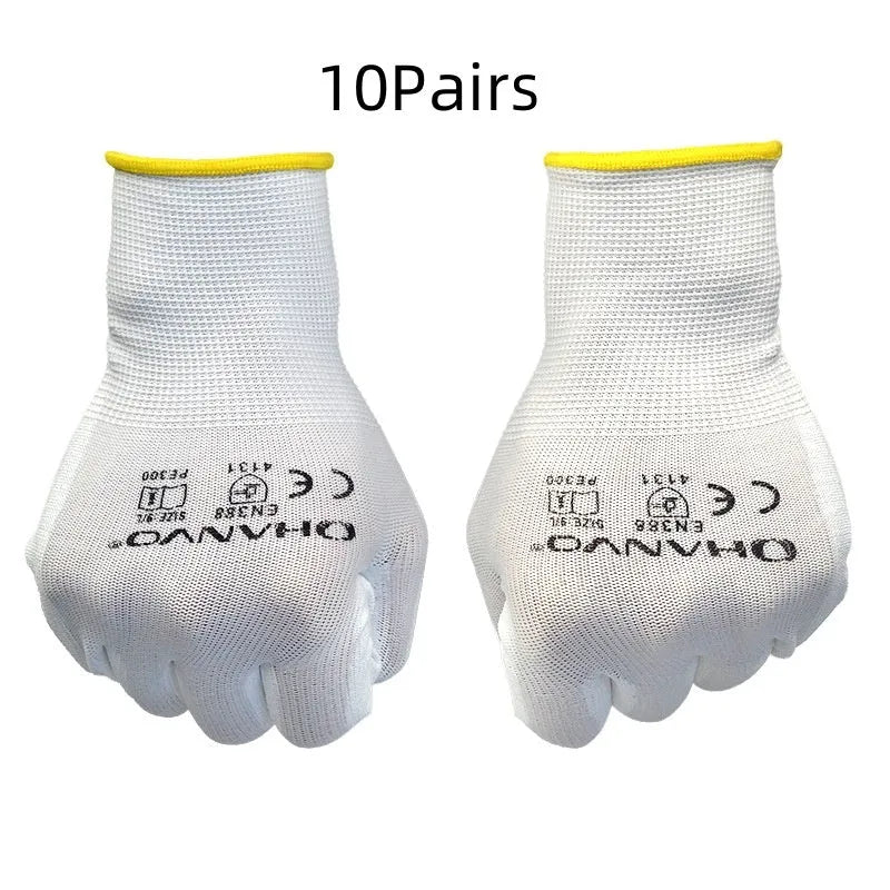 White PU coated work gloves showing flexible material and extended 24 cm cuff length.