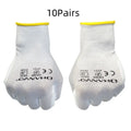White PU coated work gloves showing flexible material and extended 24 cm cuff length.