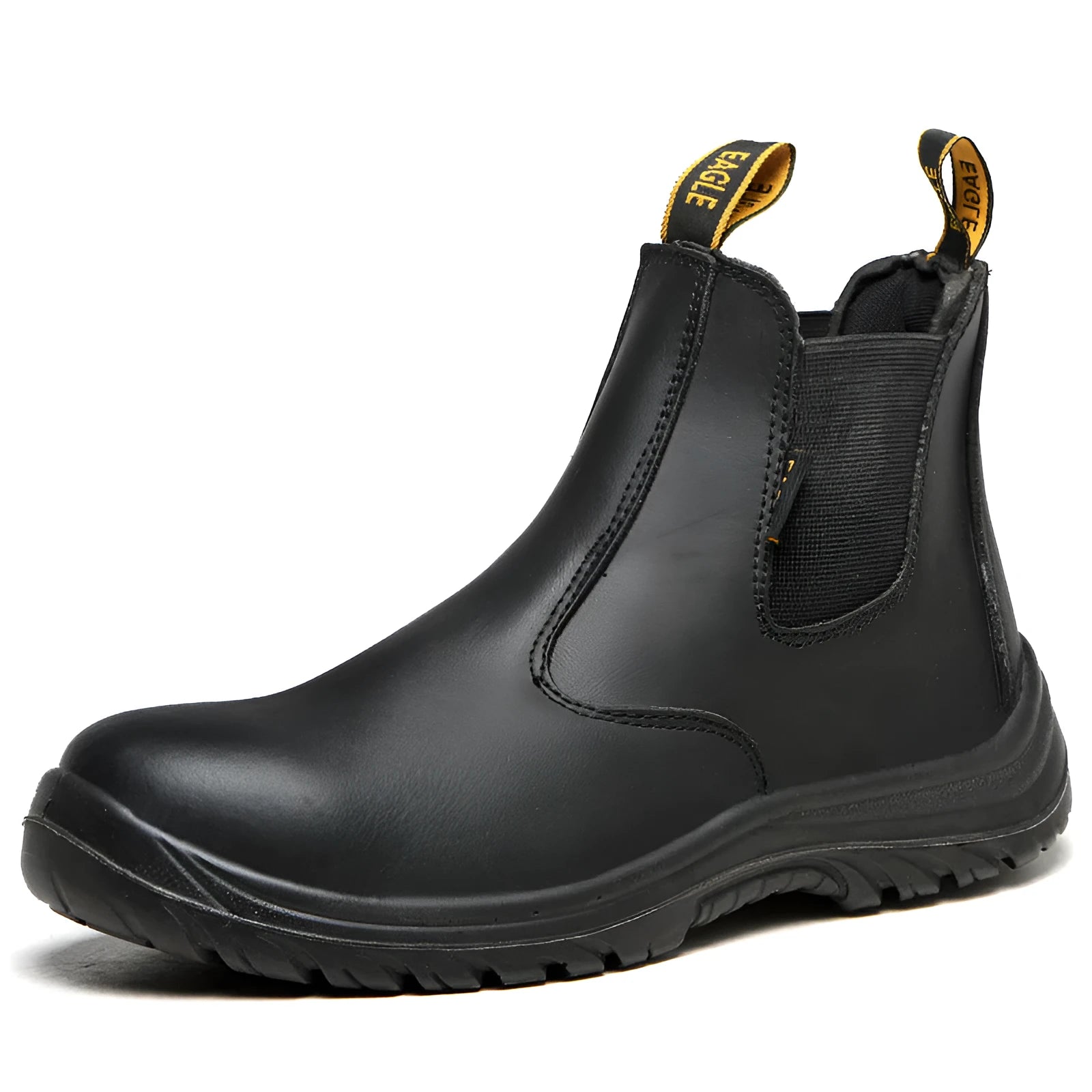 Black high-top leather safety work boots with anti-piercing feature on a work site background.