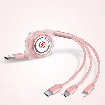 3-in-1 telescopic charging cable extended to show connectors with 120cm TPE cable and titanium alloy plugs.