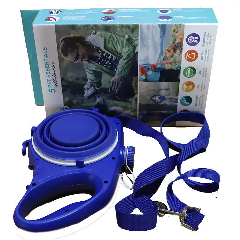 Plastic dog leash set with water bottle and cup in blue black or red colours for walking