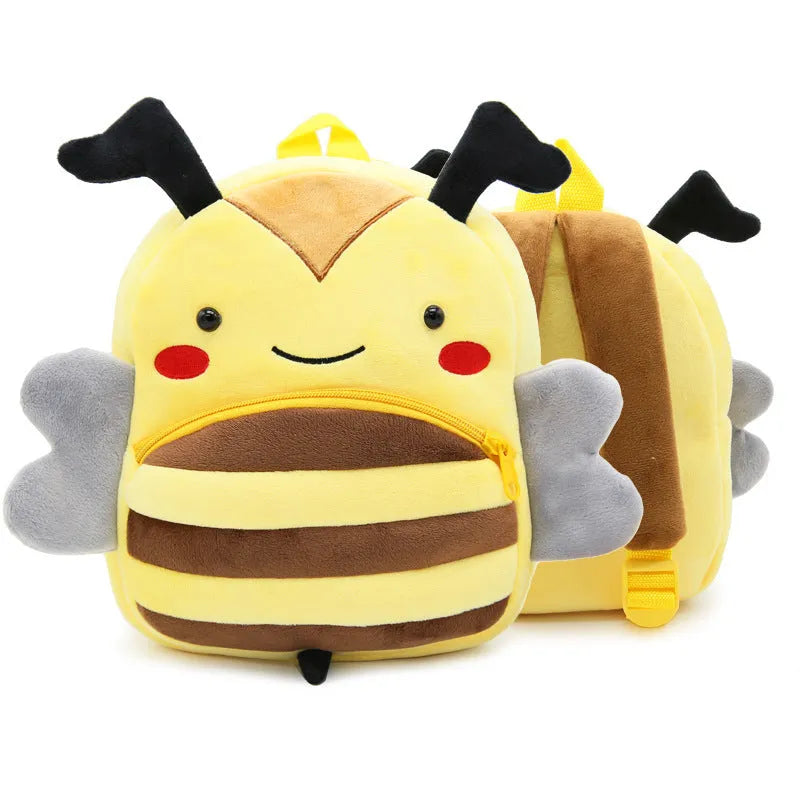 Children's plush animal backpack with elephant design showing dimensions and zipper opening