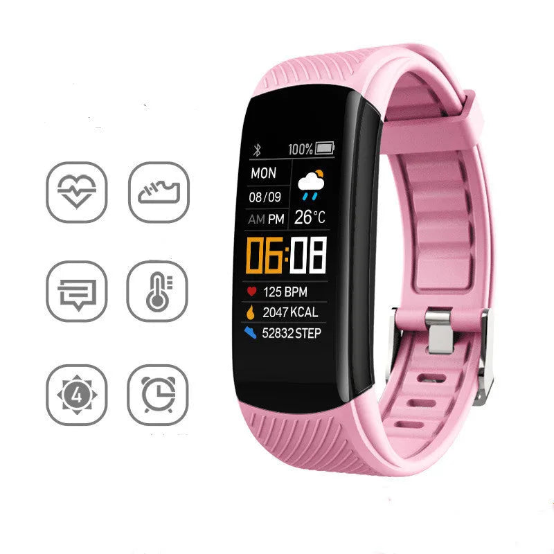 Adult sports silicone pedometer bracelet in multiple colours on wrist, showing 0.96-inch touchscreen display.