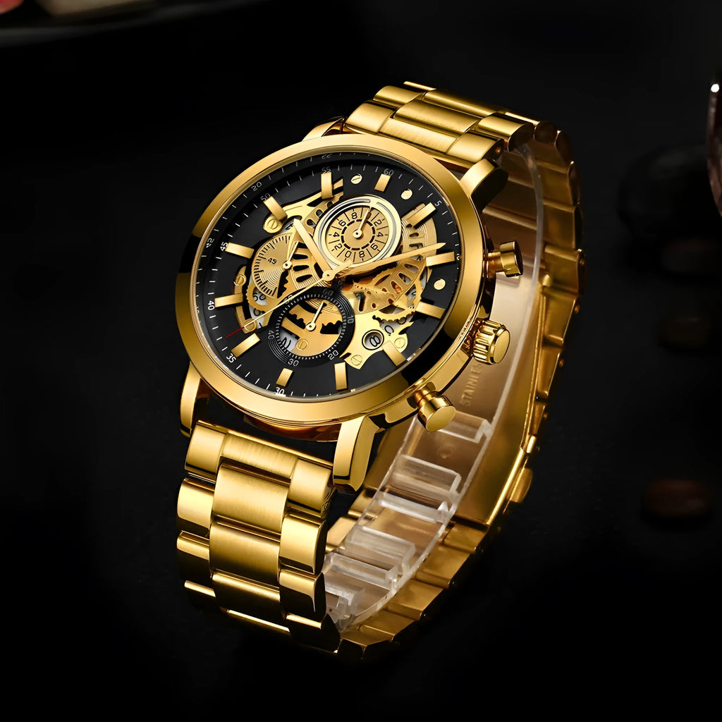 Men's multi-functional calendar watch with hollowed out round 45mm dial, stainless steel strap, gold or silver finish