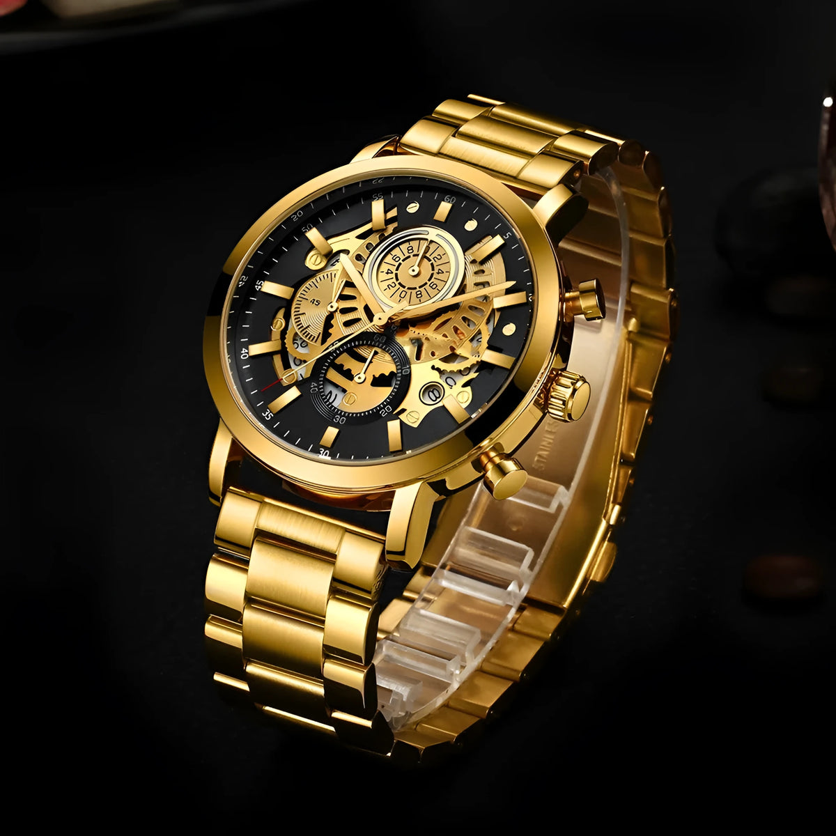 Men's multi-functional calendar watch with hollowed out round 45mm dial, stainless steel strap, gold or silver finish