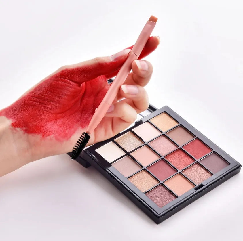 10 professional makeup brushes with wooden handles in a pink case including foundation, powder, and dual-ended brushes