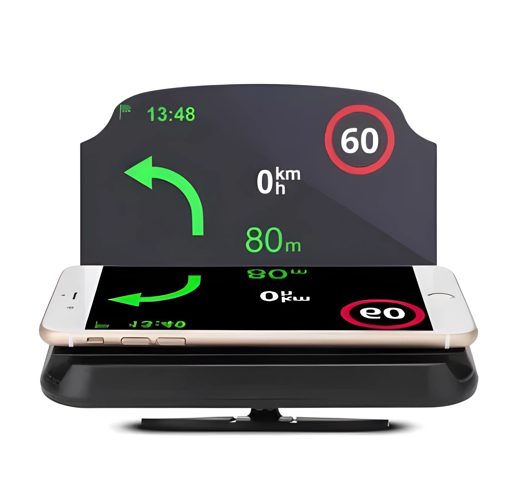 Car navigation bracket with hard tempered glass display and suction cup magnet for smartphone head-up display