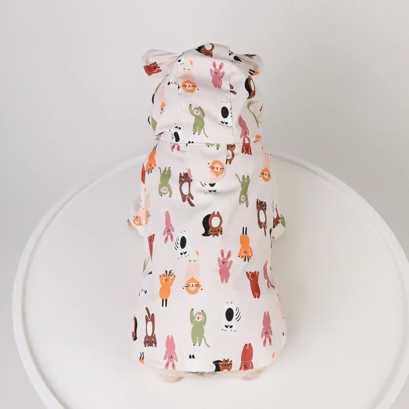 Cartoon dog raincoat with waterproof coating in beige patterns available in multiple sizes