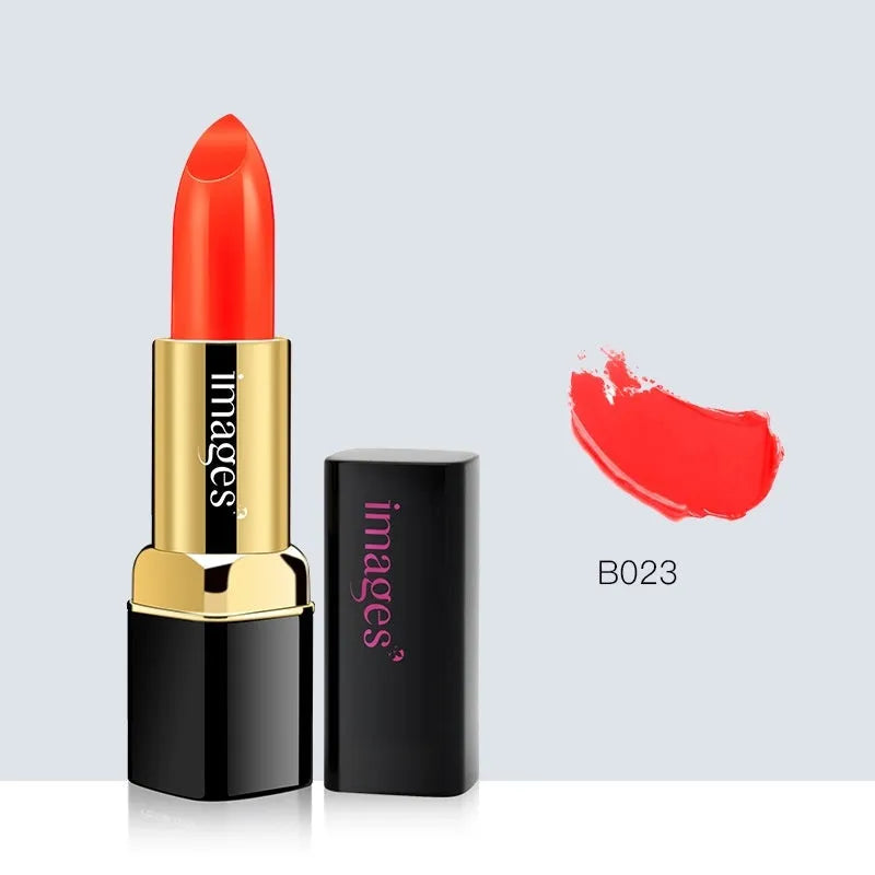 Lipstick lip gloss tubes showing ten different colour shades including coral red, bright orange, and classic red