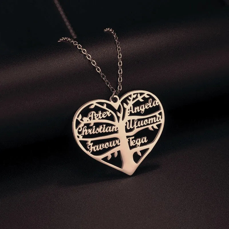 Custom engraved name necklace with hollow heart family tree pendant in stainless steel.
