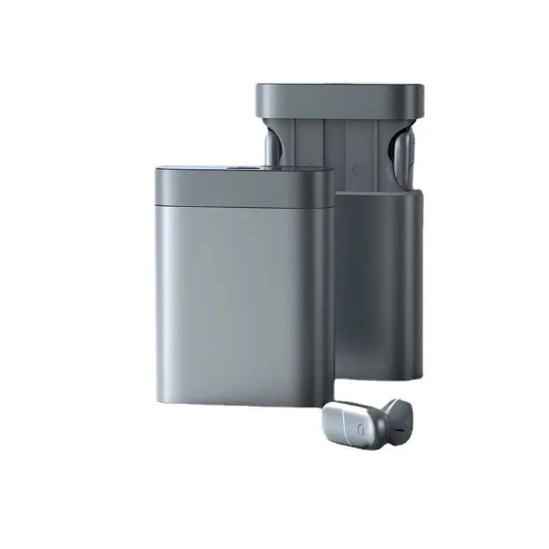 Silver gray wireless Bluetooth V5.0 headset with 3000mAh charging compartment and mobile power supply function, 74 x 28 x 95 mm