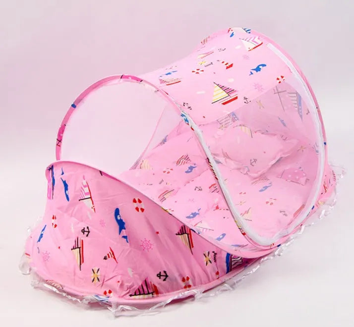 Foldable baby bed net 110x65x60cm with mattress and pillow in blue or pink mesh and steel wire frame