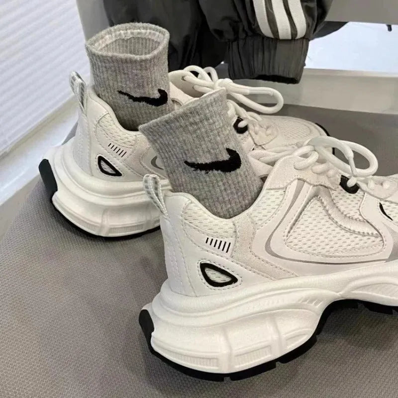 Beige mesh platform sports shoes with wedge sole and lace-up front