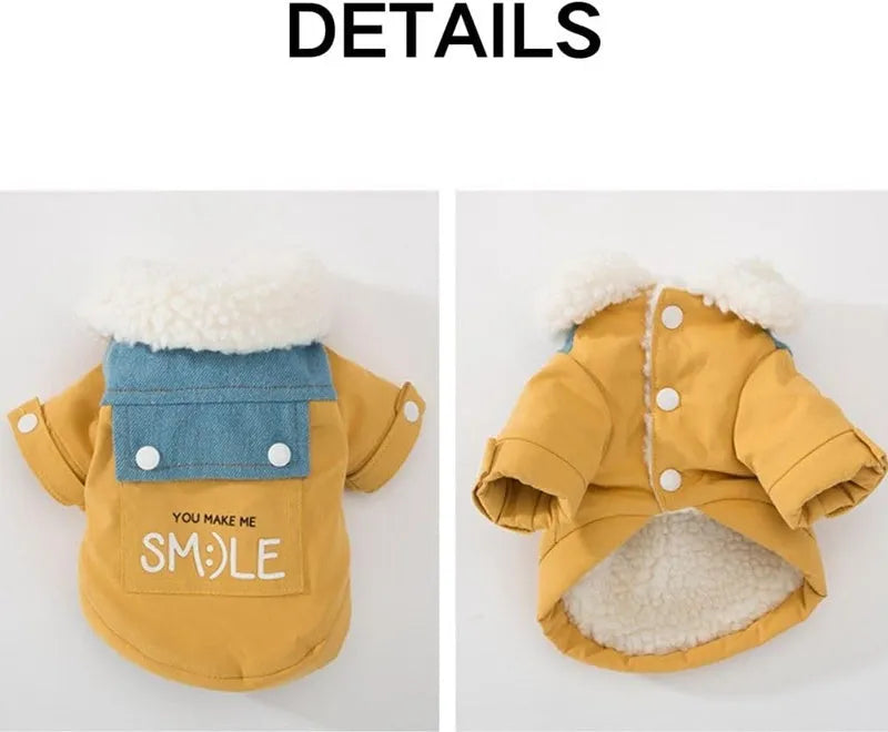 Yellow denim patchwork puppy coat with Sherpa fleece lining, waterproof and windproof, for small and medium dogs