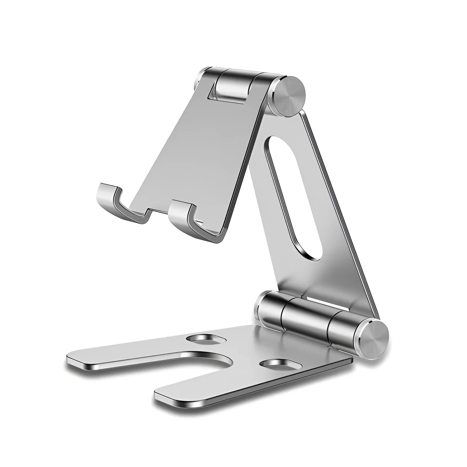 Metal folding mobile phone stand in aluminium alloy with silicone pads, 78x75x90mm, rose gold colour