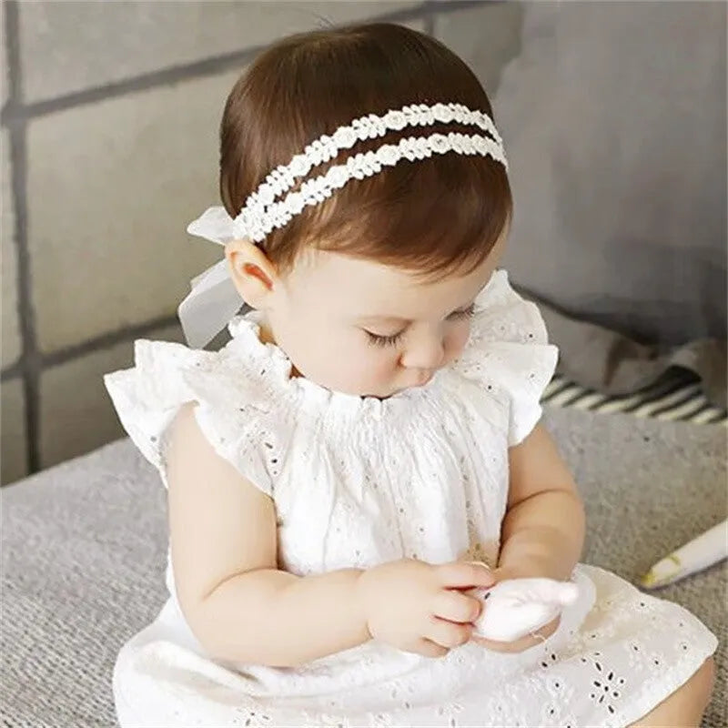 Baby girls cute bow-knot headband with lace floral design elastic non-toxic 8-22 inches