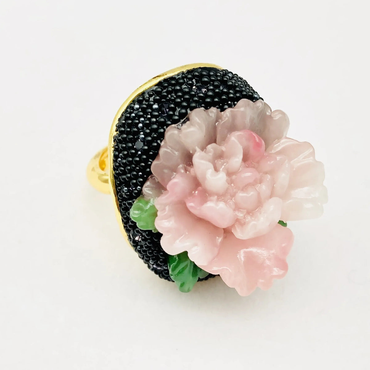 Adjustable peony flower ring for women in alloy with diamond setting and ring colour finish