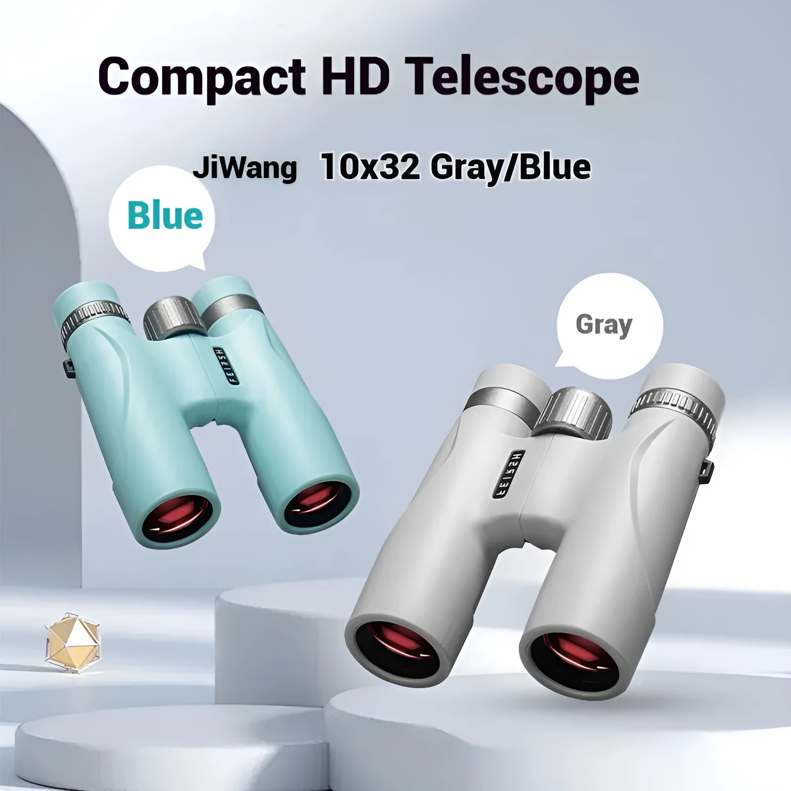 Blue 10x32 binoculars with wine red film lenses showing compact plastic housing