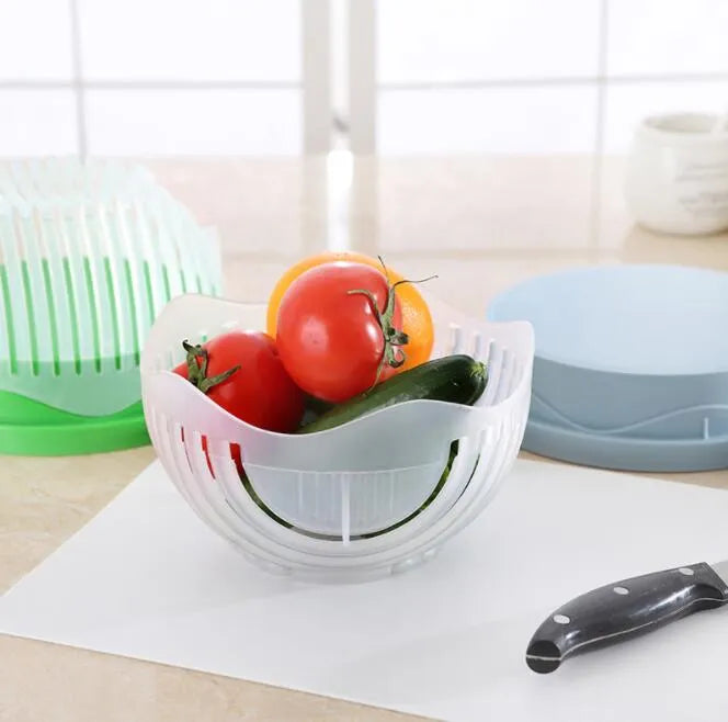 Creative salad cutter bowl with 13-seam lid, drain basket and serving plate base in blue