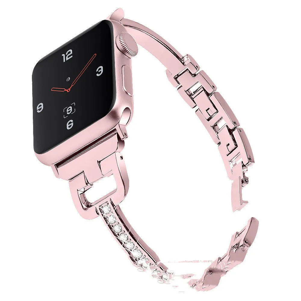 Apple Watch compatible smart watch with metal diamond-pattern strap in silver colour