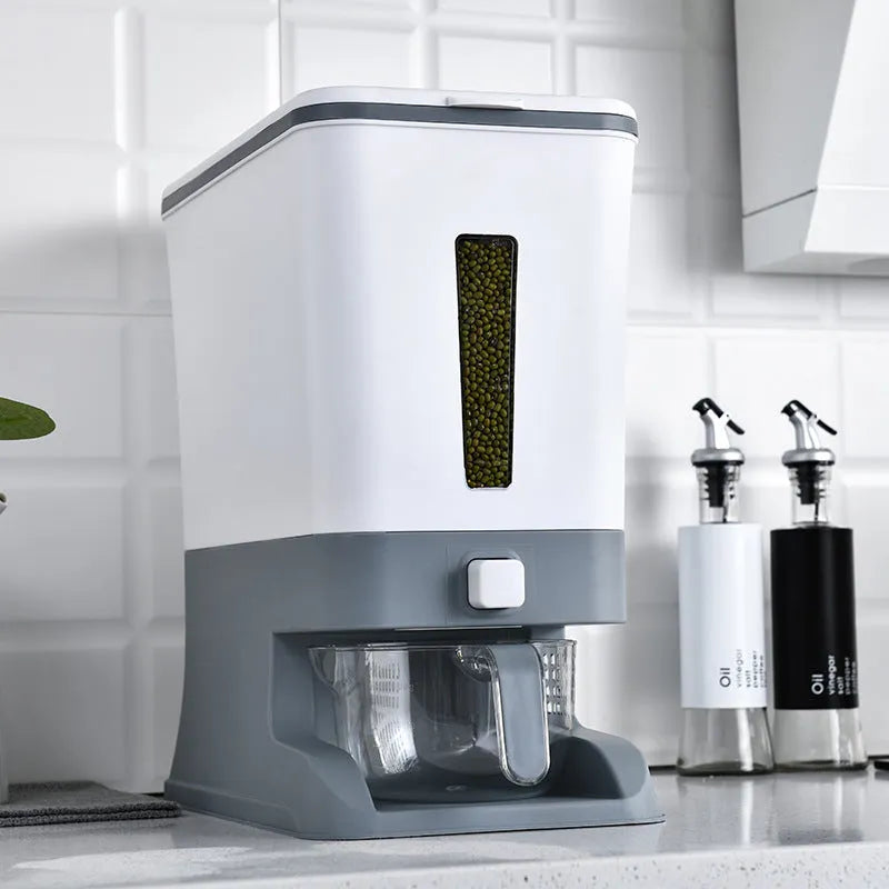 A polypropylene rice bucket with a metering lid on a kitchen countertop, available in black, blue, or grey colours with 5–6L capacity.