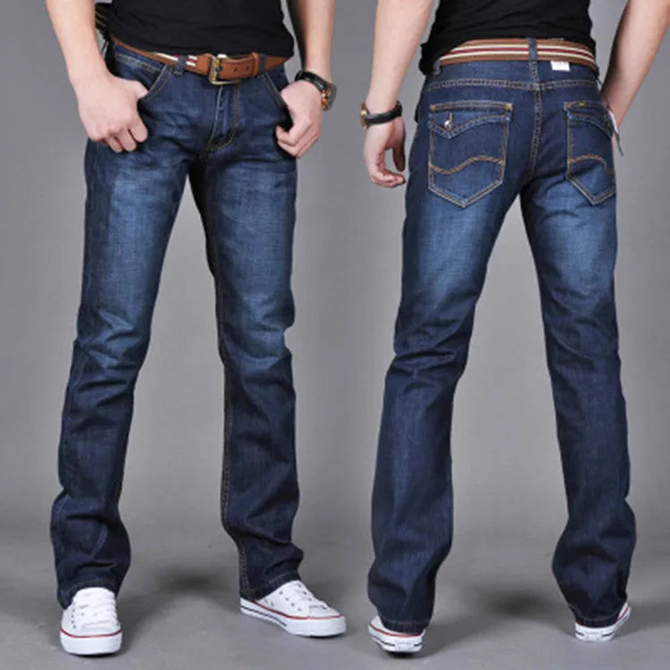 Men's blue denim straight-leg long pants, 75% cotton, full length, sizes 28-38