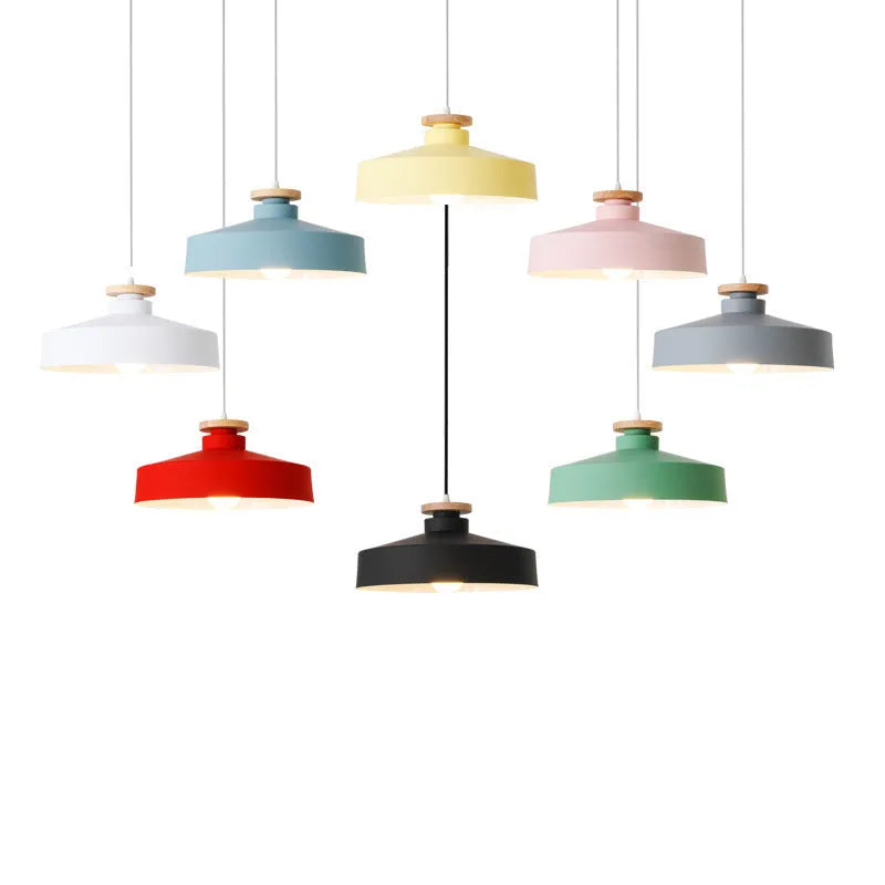 Nordic retro macaron pendant light with 35cm shade, shown in one of ten colours for bedroom or study ceiling use.