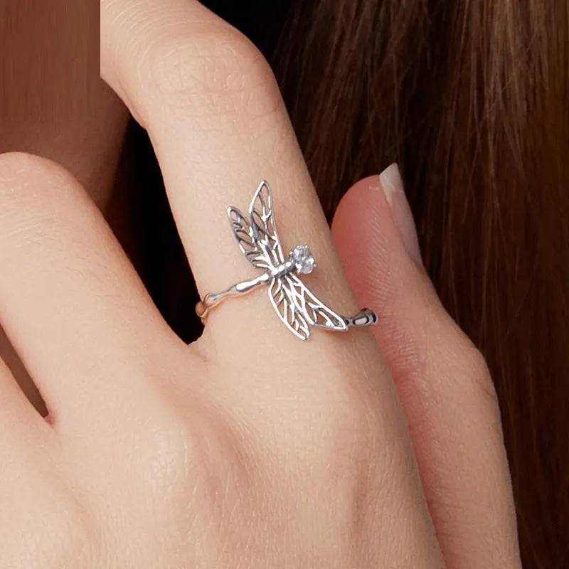 S925 Sterling Silver Dragonfly Open Ring with Inlaid Zircon Adjustable Size