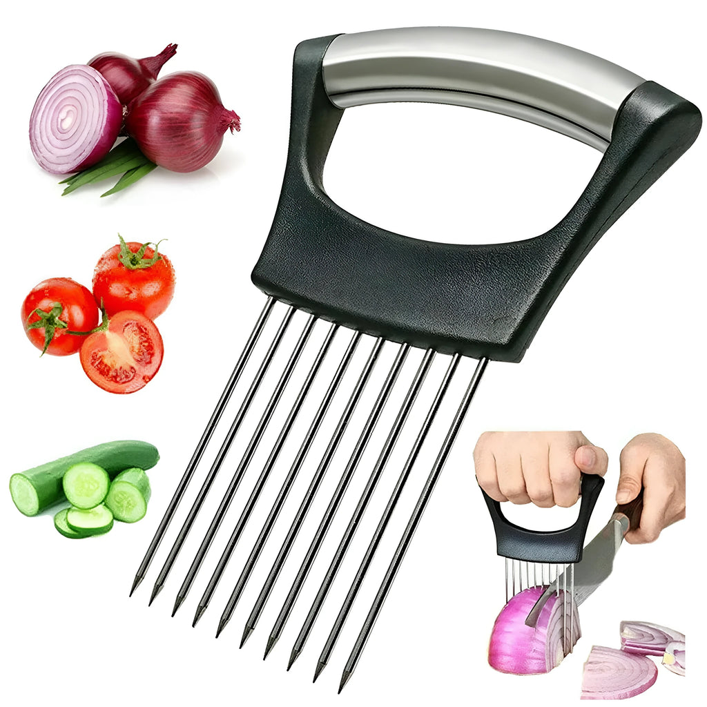 Stainless steel onion holder and vegetable slicer tool with ABS handle on a kitchen counter.
