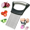 Stainless steel onion holder and vegetable slicer tool with ABS handle on a kitchen counter.