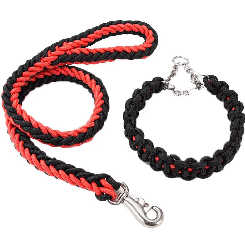 Heavy-duty nylon braided dog collar and leash set in black with rotatable hook on a dog