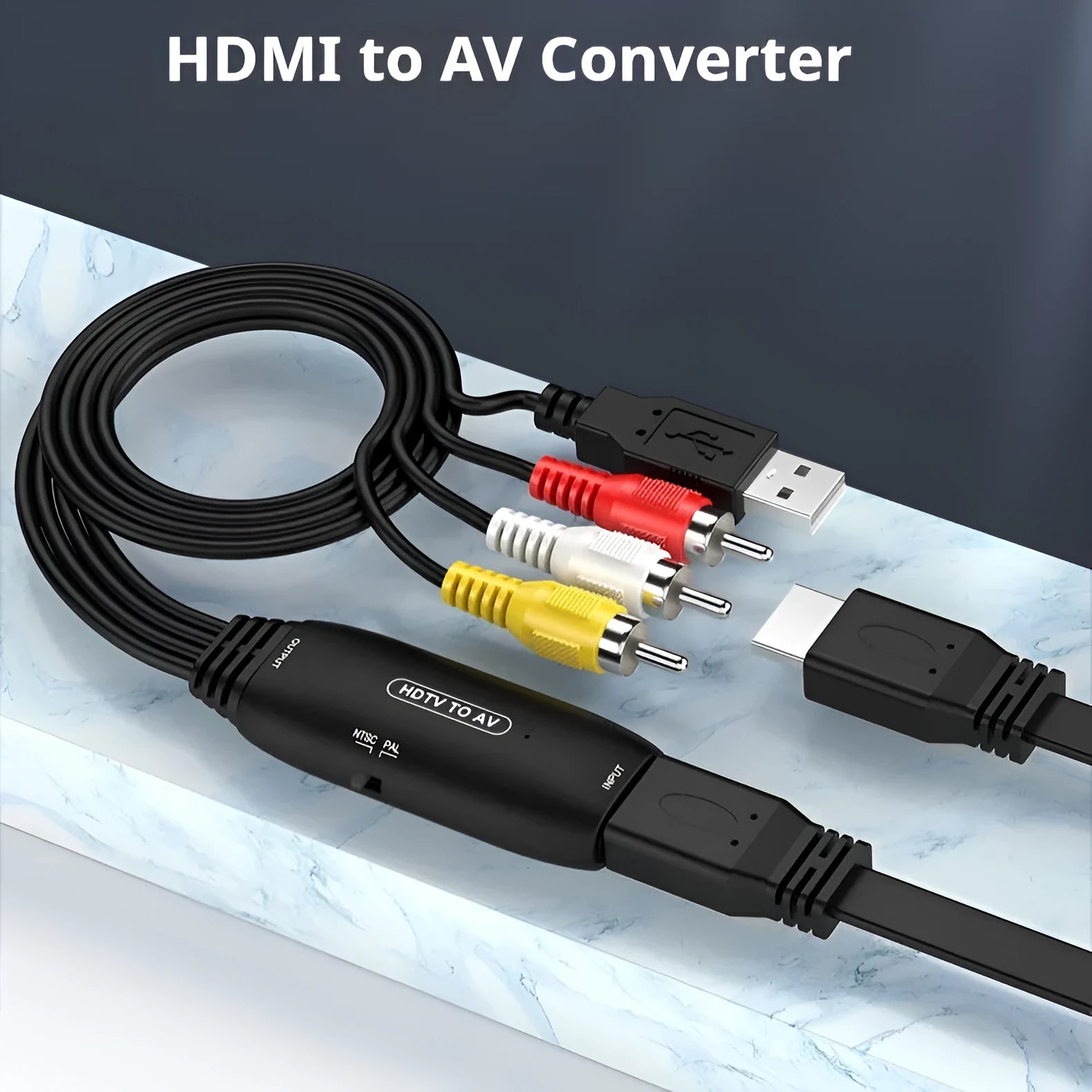 Black HDMI to AV converter adapter with 110cm cable for projector and monitor video signal conversion