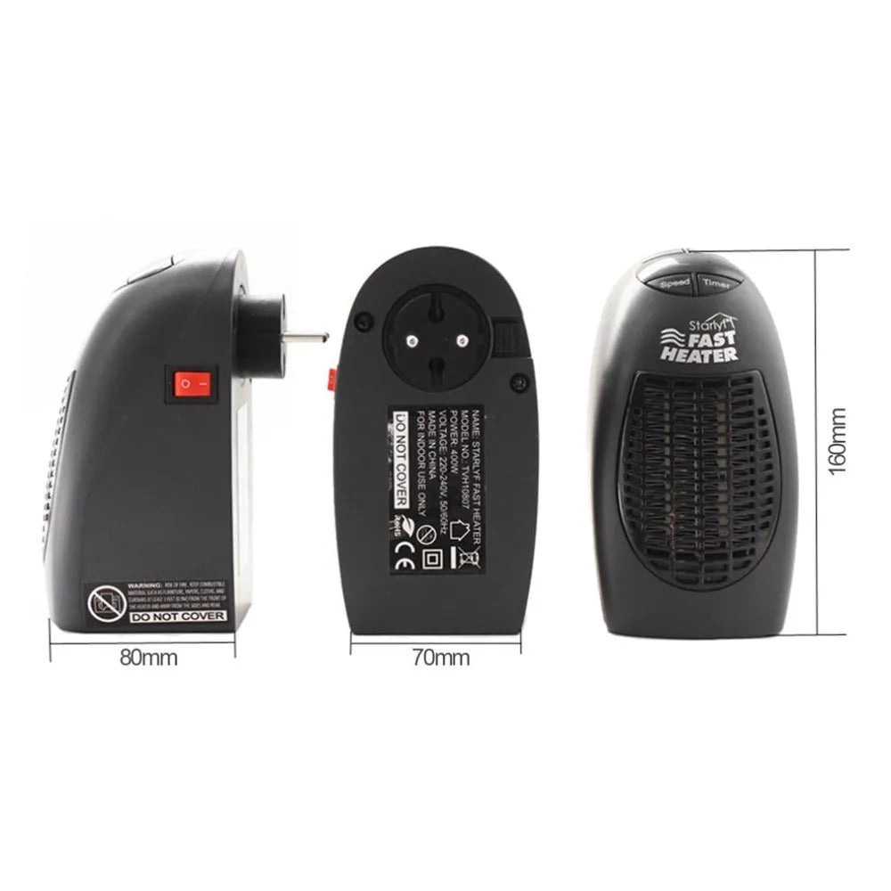 Black compact mini electric heater with digital display and a rotating three-prong plug.