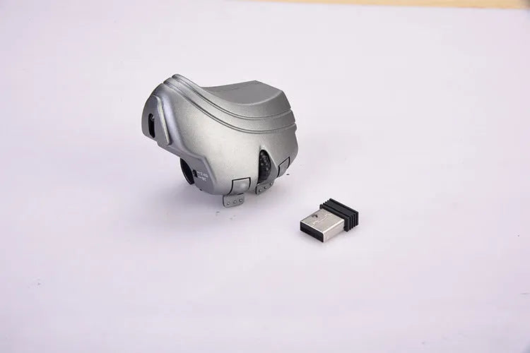Black and silver grey finger ring mouse, 2.4GHz wireless, 1000dpi optical, 60mm by 40mm, rechargeable, three keys