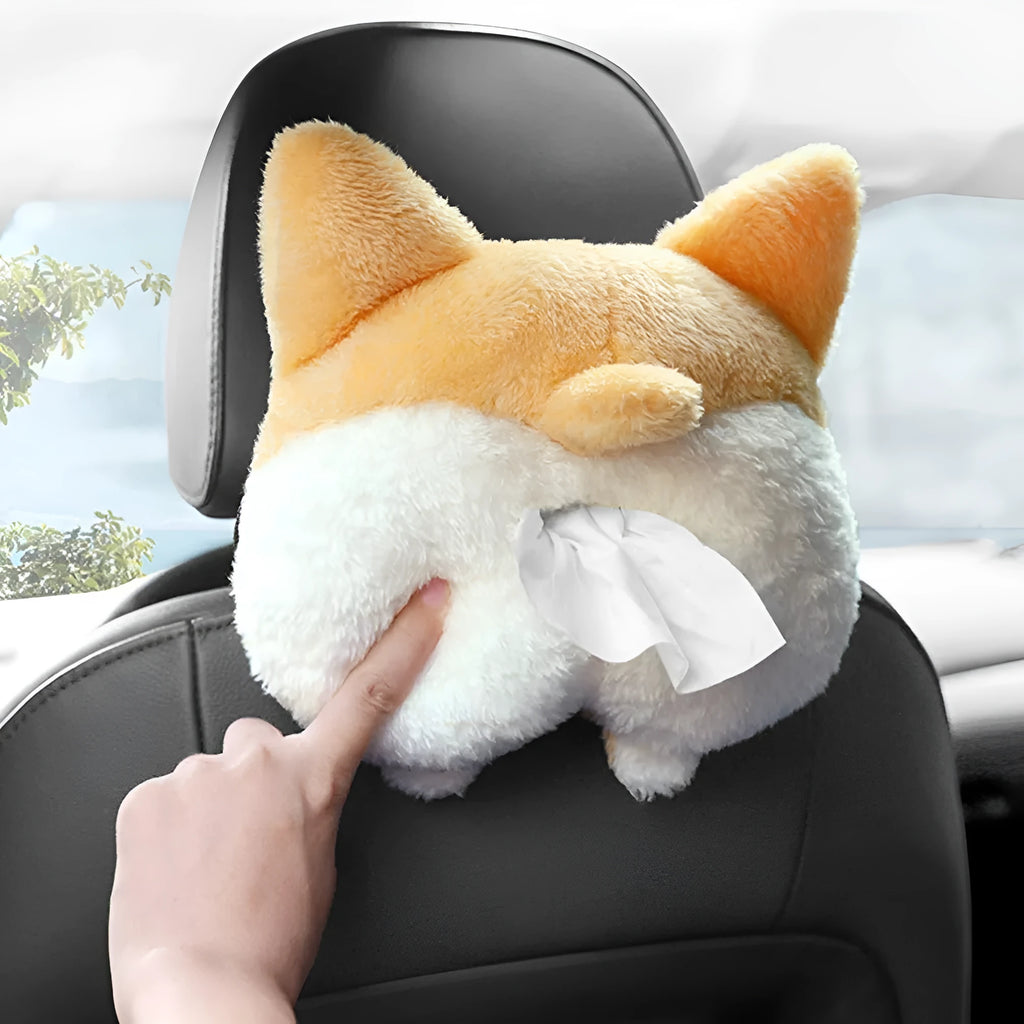 Yellow corgi butt shaped tissue box cover with elastic strap for car sun visor