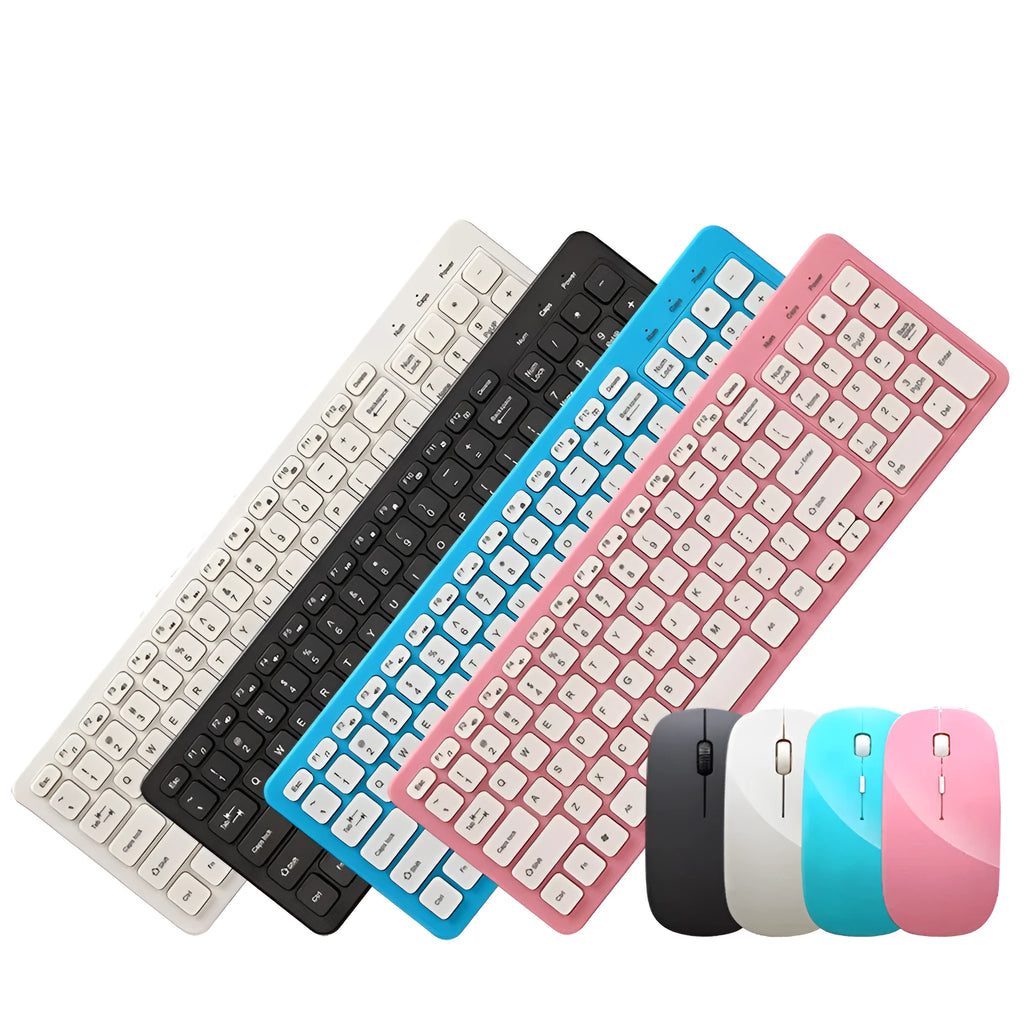 Wireless keyboard and mouse set in black, white, pink, or blue colours with USB micro receiver