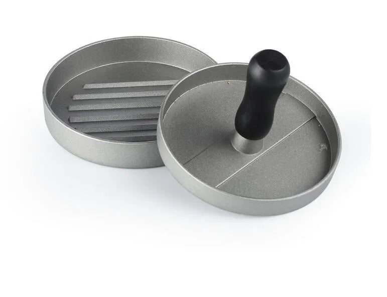 Single burger press in aluminium die casting, 12 x 12 x 9 cm, with base and handled press plate for meatloaf and barbecue use