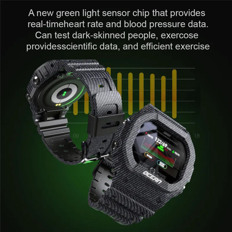 Waterproof smart watch with 240x240 HD glass screen, TPU silicone strap, 66g, Army Green Black or Red