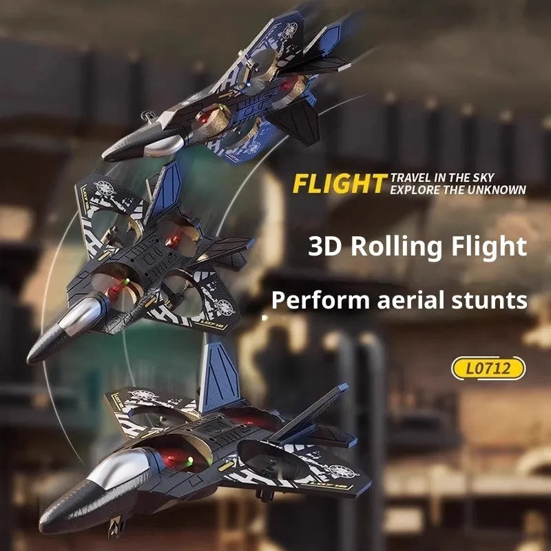 Remote control fighter jet model toy in plastic with USB charging, shown in 8th Generation Blue or Gray with battery module options