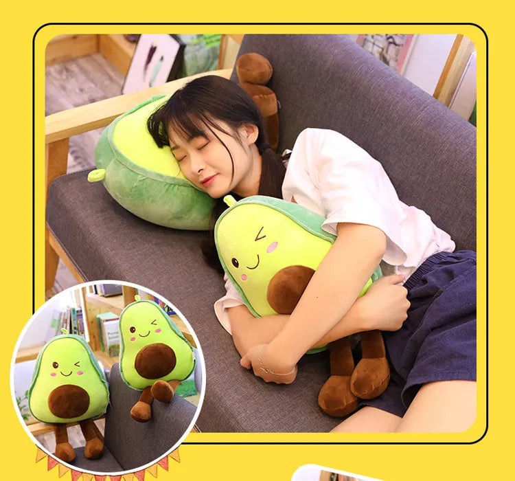 Green avocado plush toy in super soft short plush with PP cotton filling, available in 30cm to 85cm sizes.